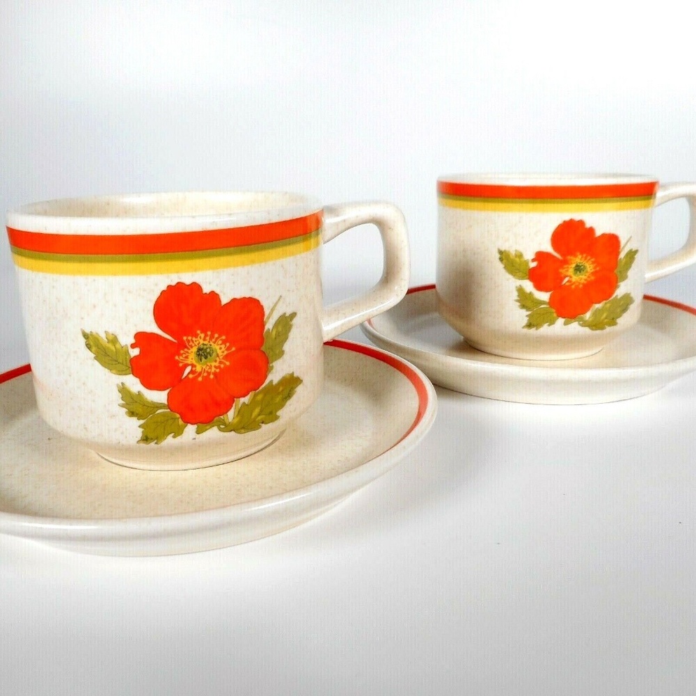 2 Vintage 70s Lenox Orange Fire Flower Temperware Cup Saucer Sets Oven Safe - Picture 7 of 12